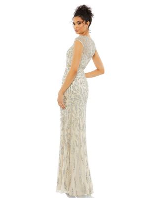 Women's Embellished Illusion Cap Sleeve Column Gown