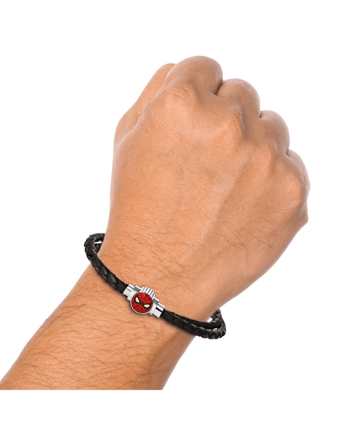 Marvel Spider-Man Mens Double-Wrap Woven Stainless Steel Pendant Bracelet - Black and red
