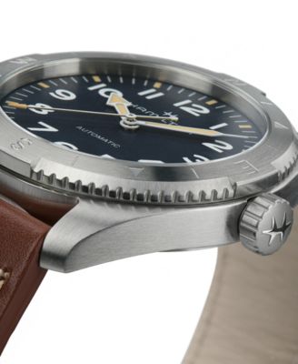 Men's Swiss Automatic Khaki Field Expedition Brown Leather Strap Watch 41mm