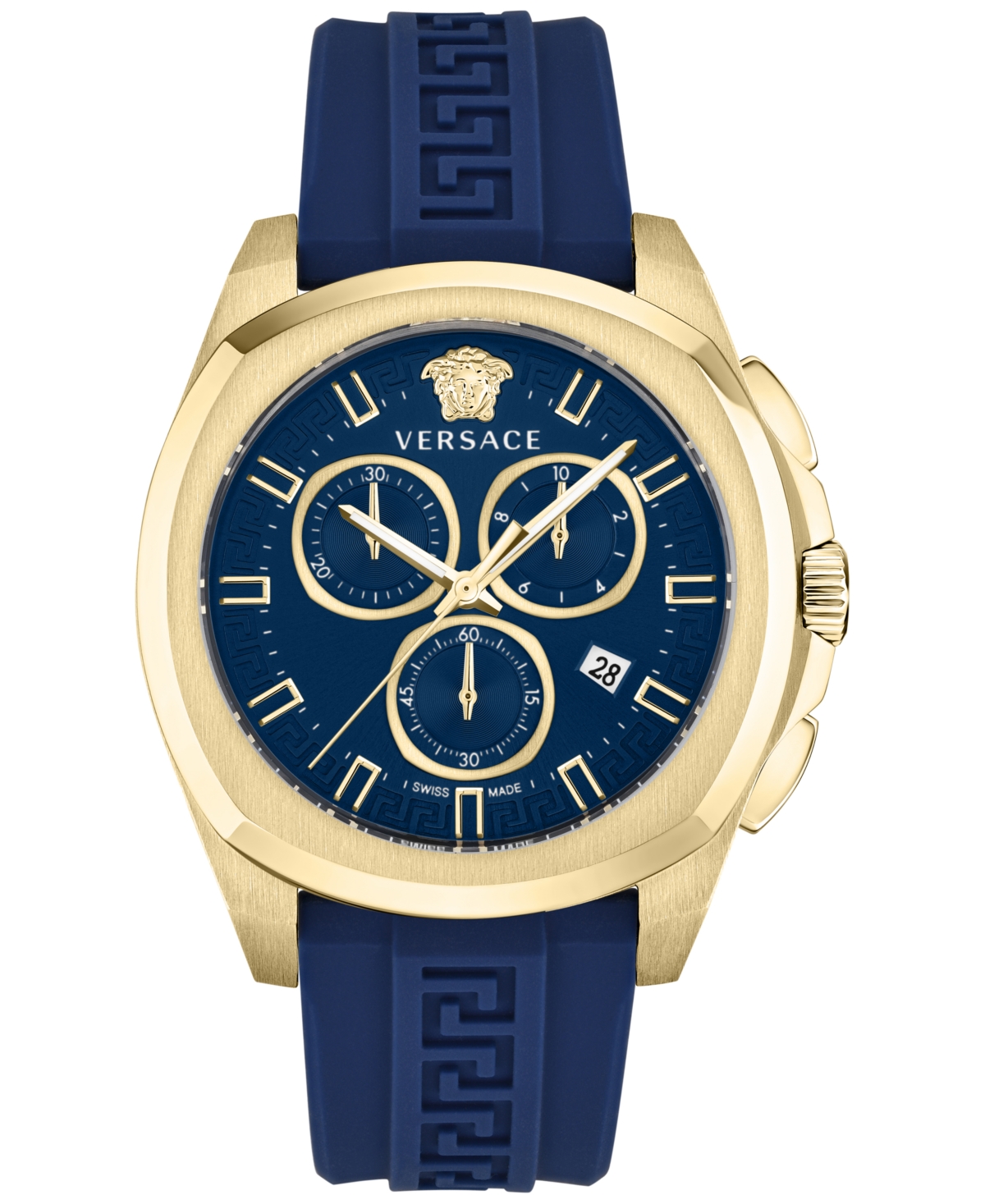 Versace Men's Swiss Chronograph Geo Blue Silicone Strap Watch 43mm In Ip Yellow Gold