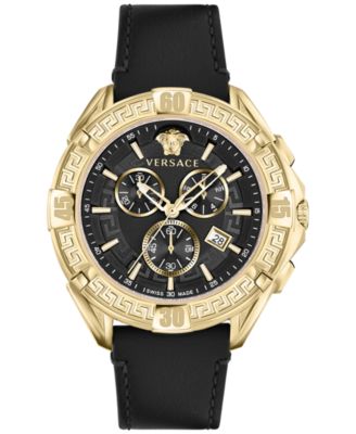 Versace Men's Swiss Chronograph V-Greca Black Leather Strap Watch