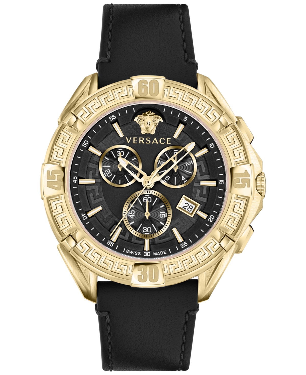 Shop Versace Men's Swiss Chronograph V-greca Black Leather Strap Watch 46mm In Ip Yellow Gold
