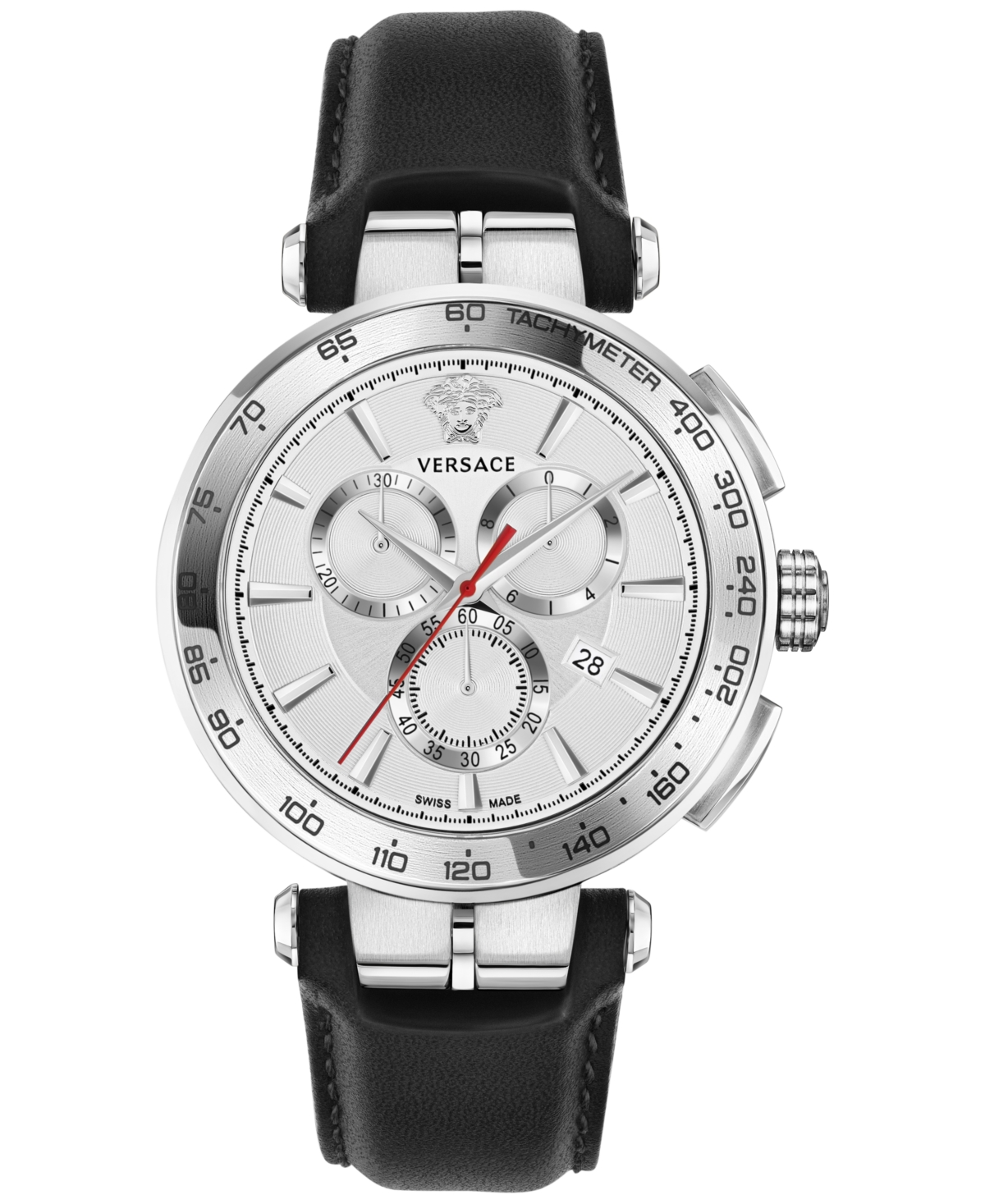 Versace Men's Swiss Chronograph Aion Black Leather Strap Watch 45mm In Stainless Steel
