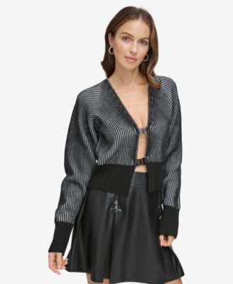 DKNY - Women's Two-Tone Ribbed Cropped Cardigan