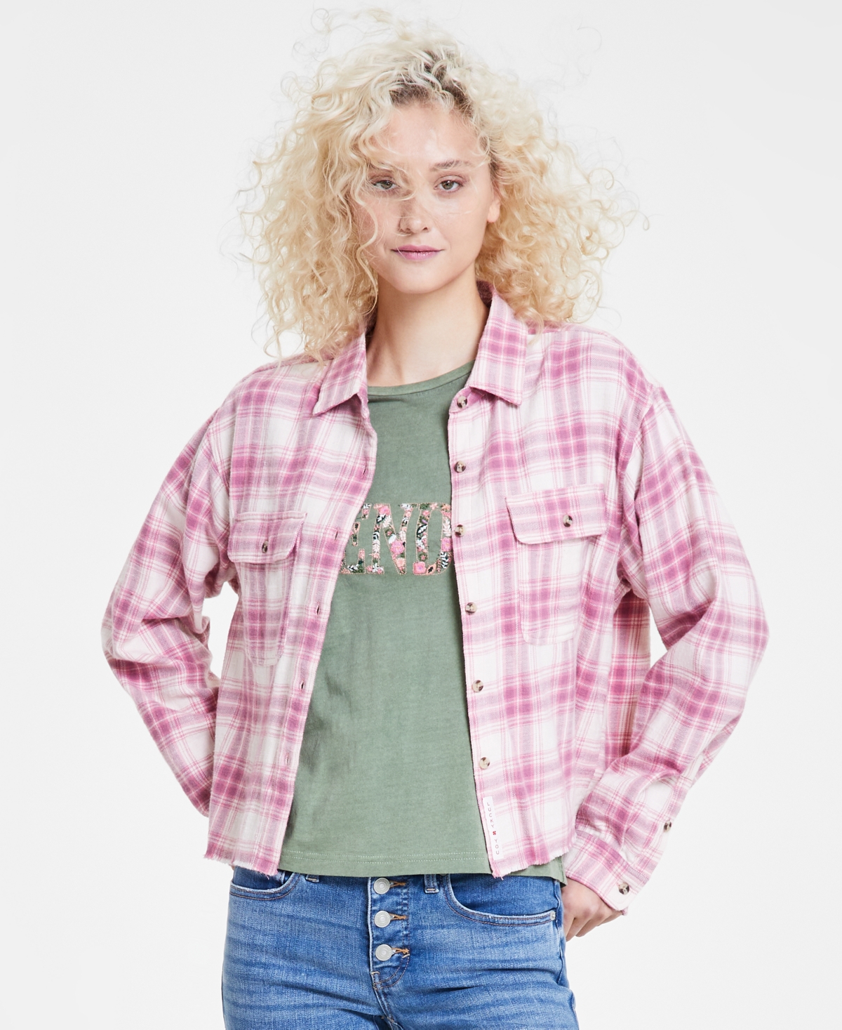 Shop Lucky Brand Women's Cotton Plaid Fringe-hem Cropped Shirt In Pink Blush Plaid