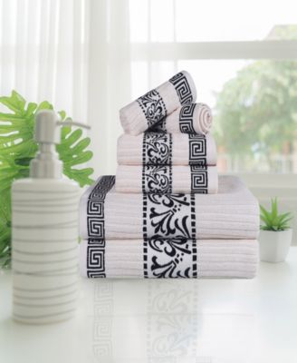 Athens Cotton with Greek Scroll and Floral Pattern Assorted, 6 Piece Bath Towel Set