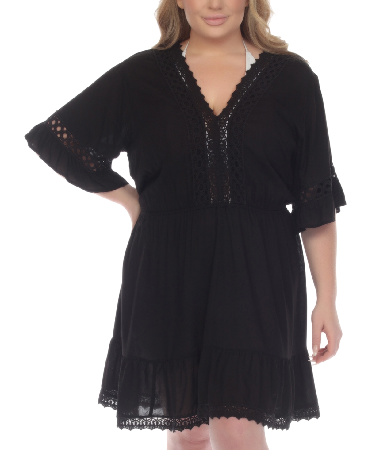 Plus Size Lace-Inset Mini Cover-Up Dress - Black