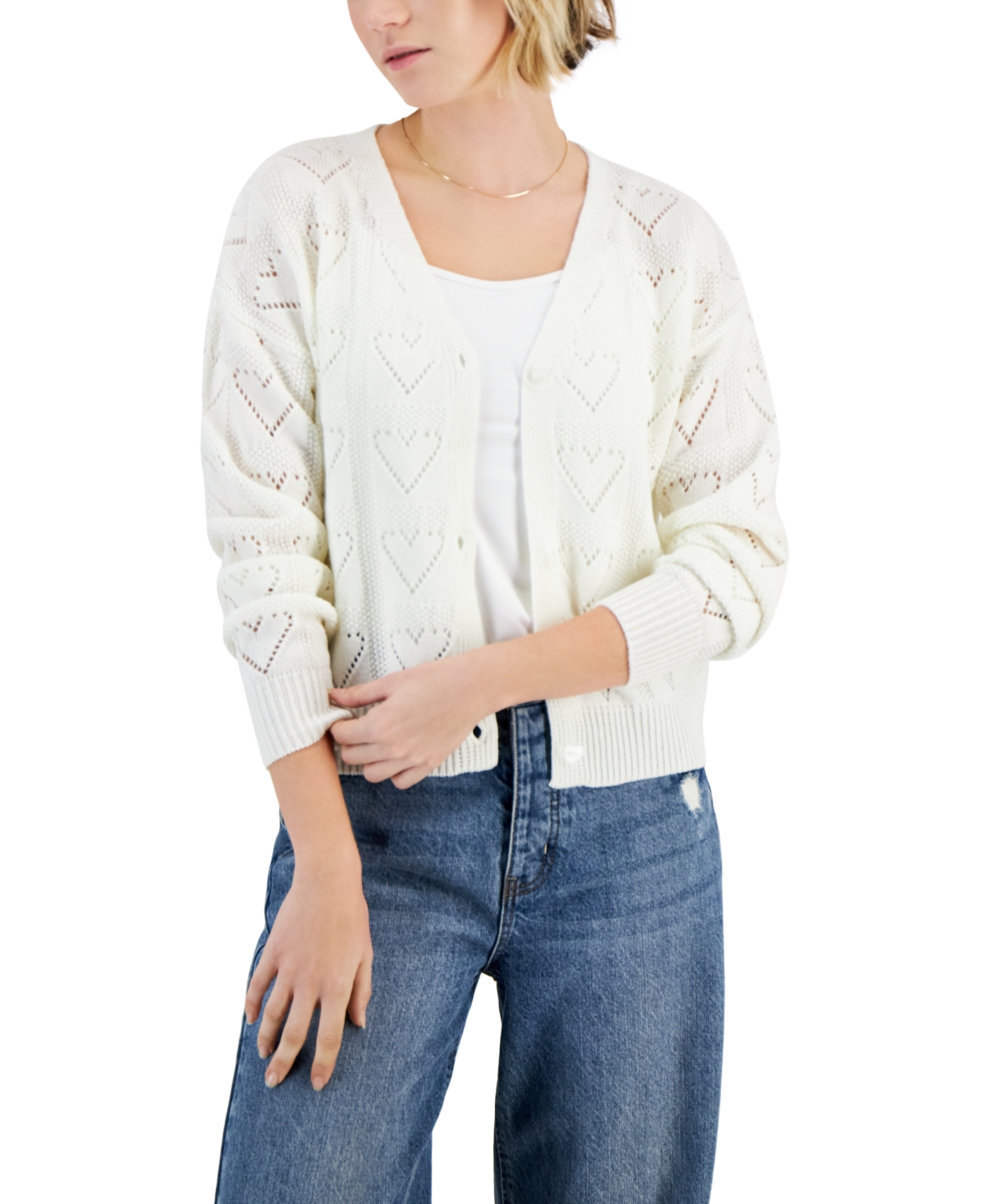 Crave Fame Juniors' Heart Pointelle-knit Cardigan In Ivory