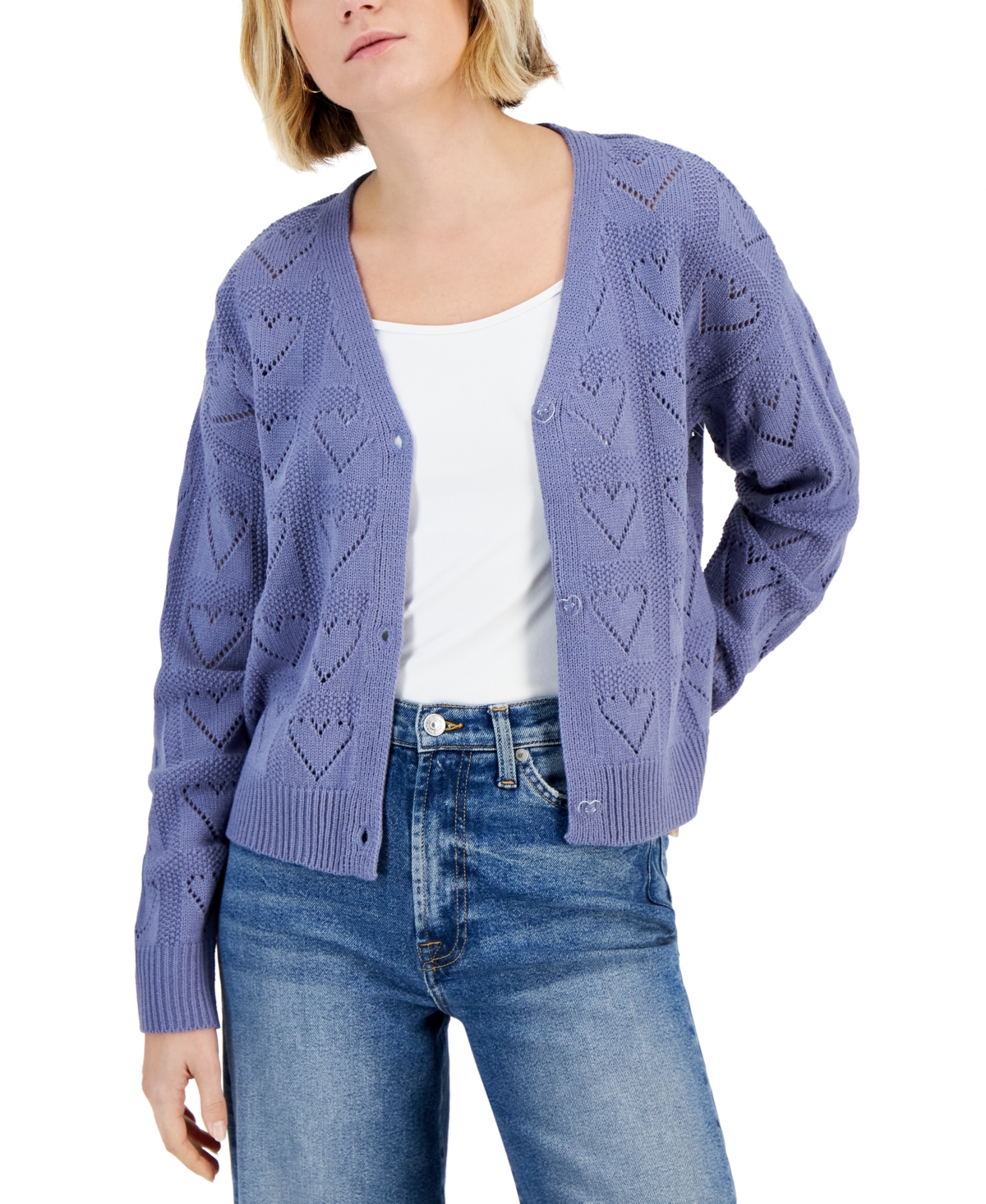 Crave Fame Juniors' Heart Pointelle-knit Cardigan In Ink Blue