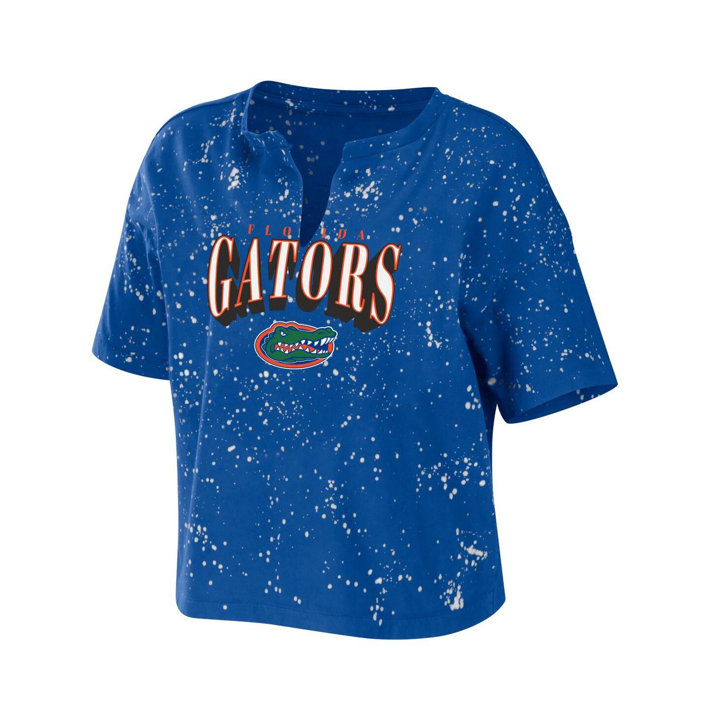 Женская футболка WEAR by Erin Andrews Royal Florida Gators Bleach Wash Splatter Cropped Notch Neck — фото 3
