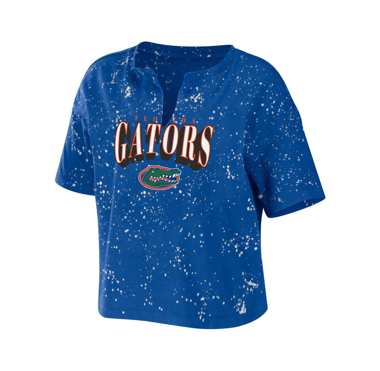 Women's Royal Florida Gators Bleach Wash Splatter Cropped Notch Neck T-shirt