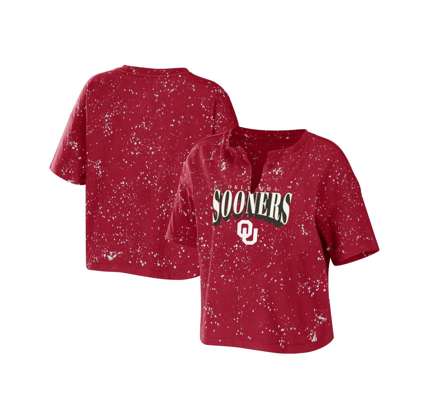 Women's Crimson Oklahoma Sooners Bleach Wash Splatter Cropped Notch Neck T-shirt