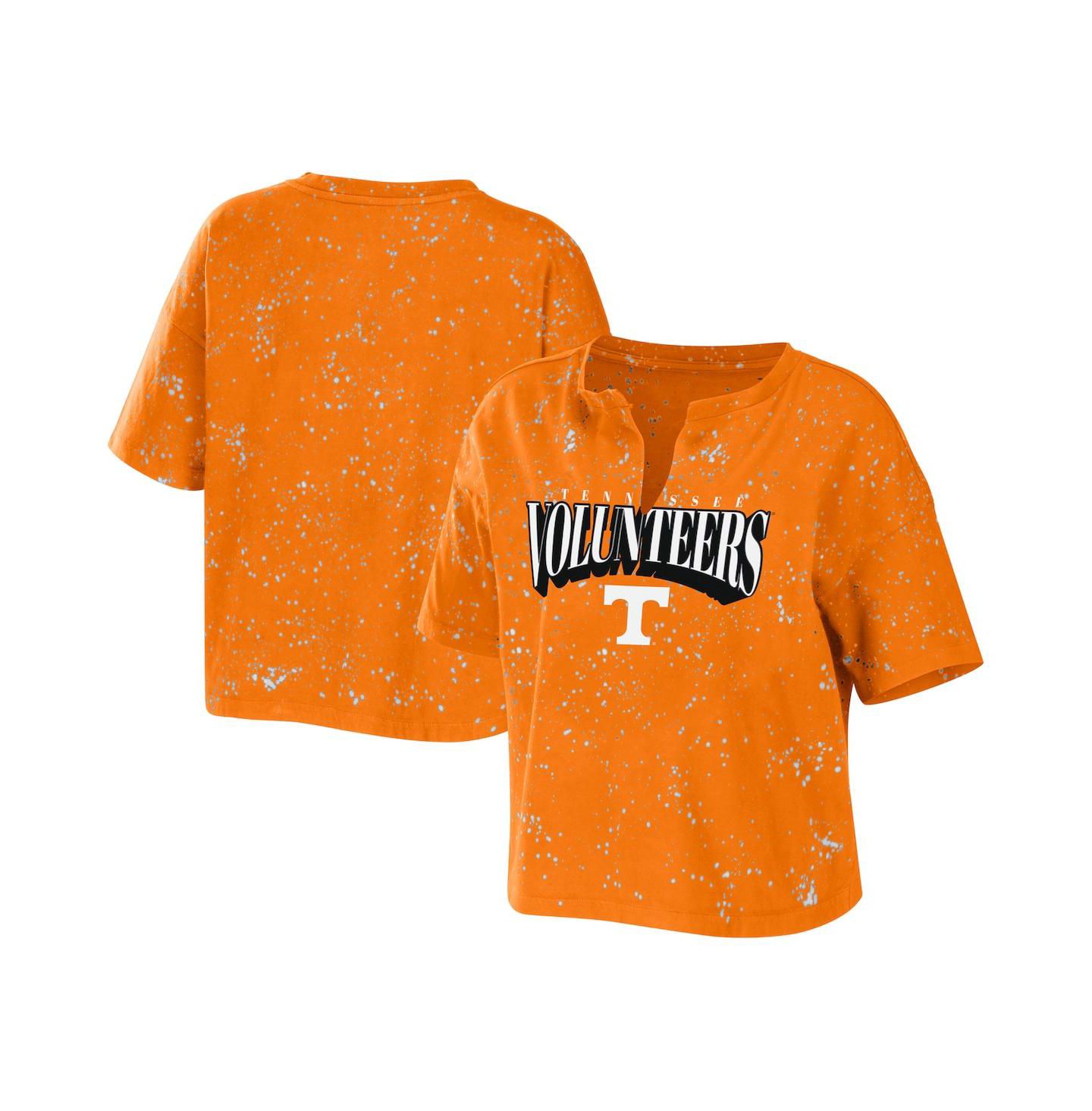 Женская футболка WEAR by Erin Andrews Tennessee Orange Tennessee Volunteers Bleach Wash Splatter Cropped Notch Neck — фото 1