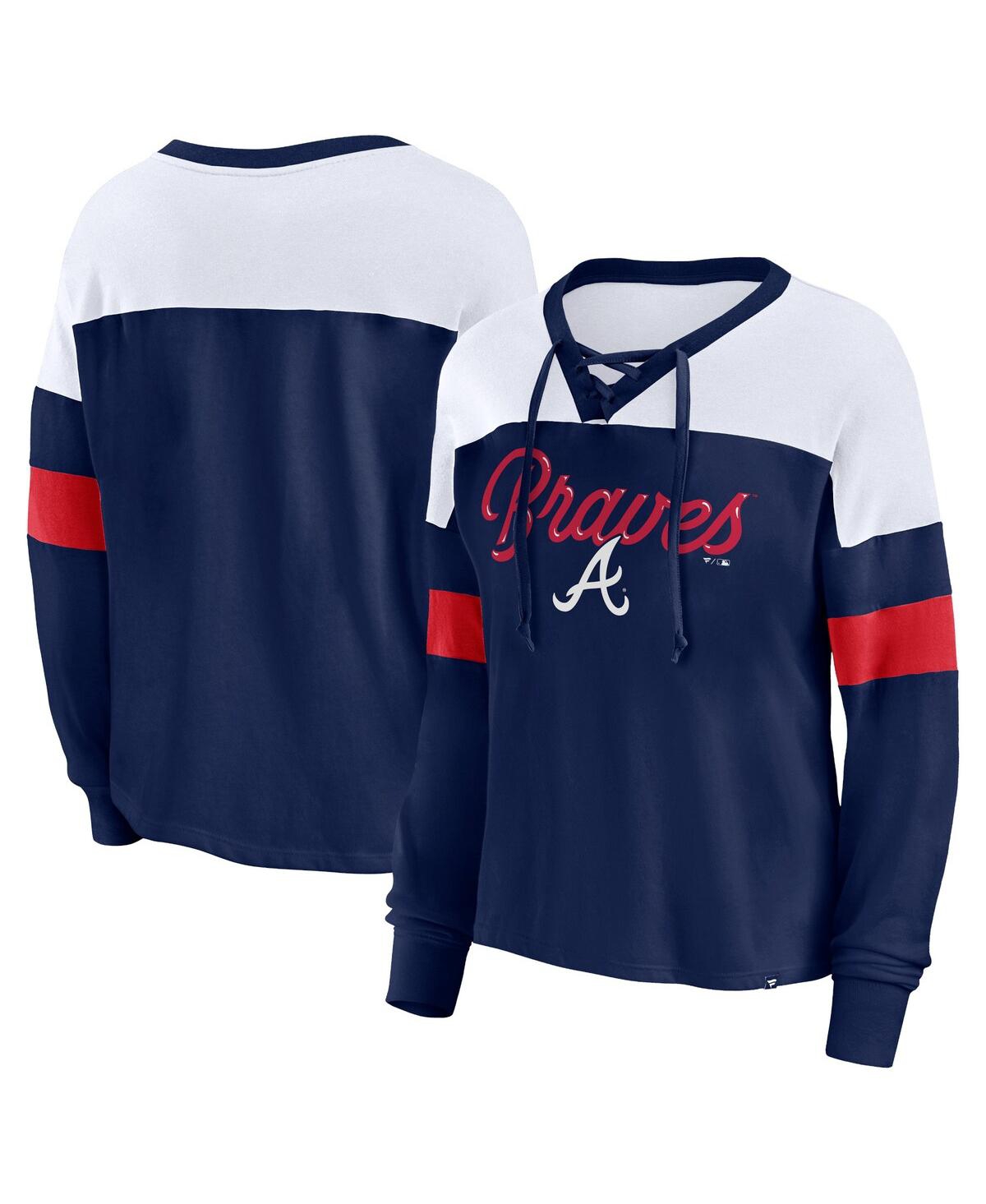 Fanatics Women's  Navy, White Atlanta Braves Even Match Lace-up Long Sleeve V-neck T-shirt In Navy,white