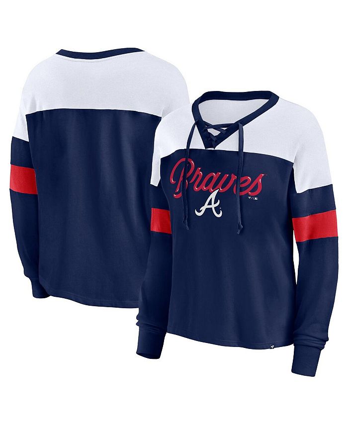 Fanatics Women's Branded Navy, White Atlanta Braves Even Match Lace-Up Long  Sleeve V-Neck T-shirt - Macy's