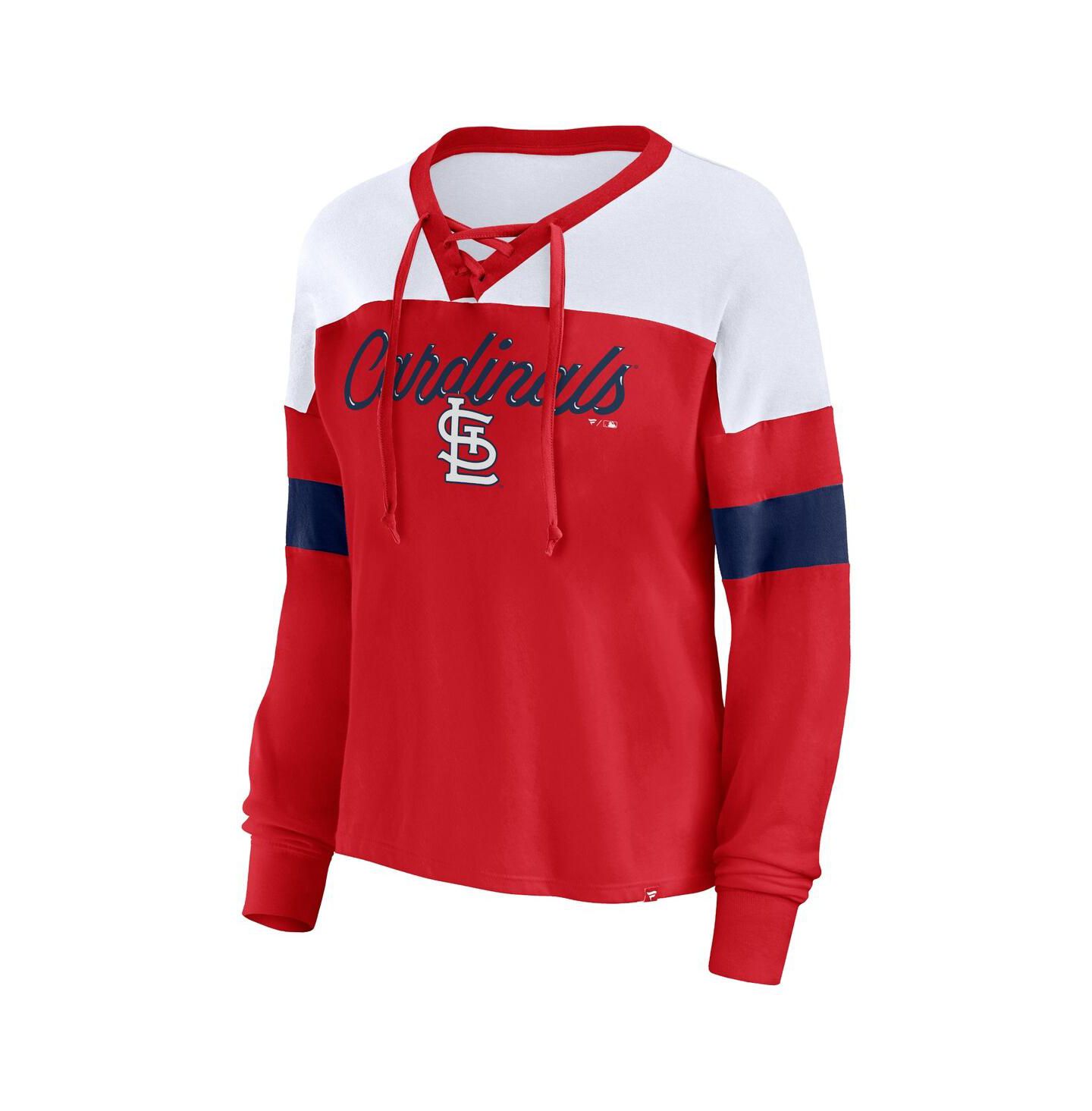 Женская футболка Fanatics Red, White St. Louis Cardinals Even Match Lace-Up Long Sleeve V-Neck — фото 2