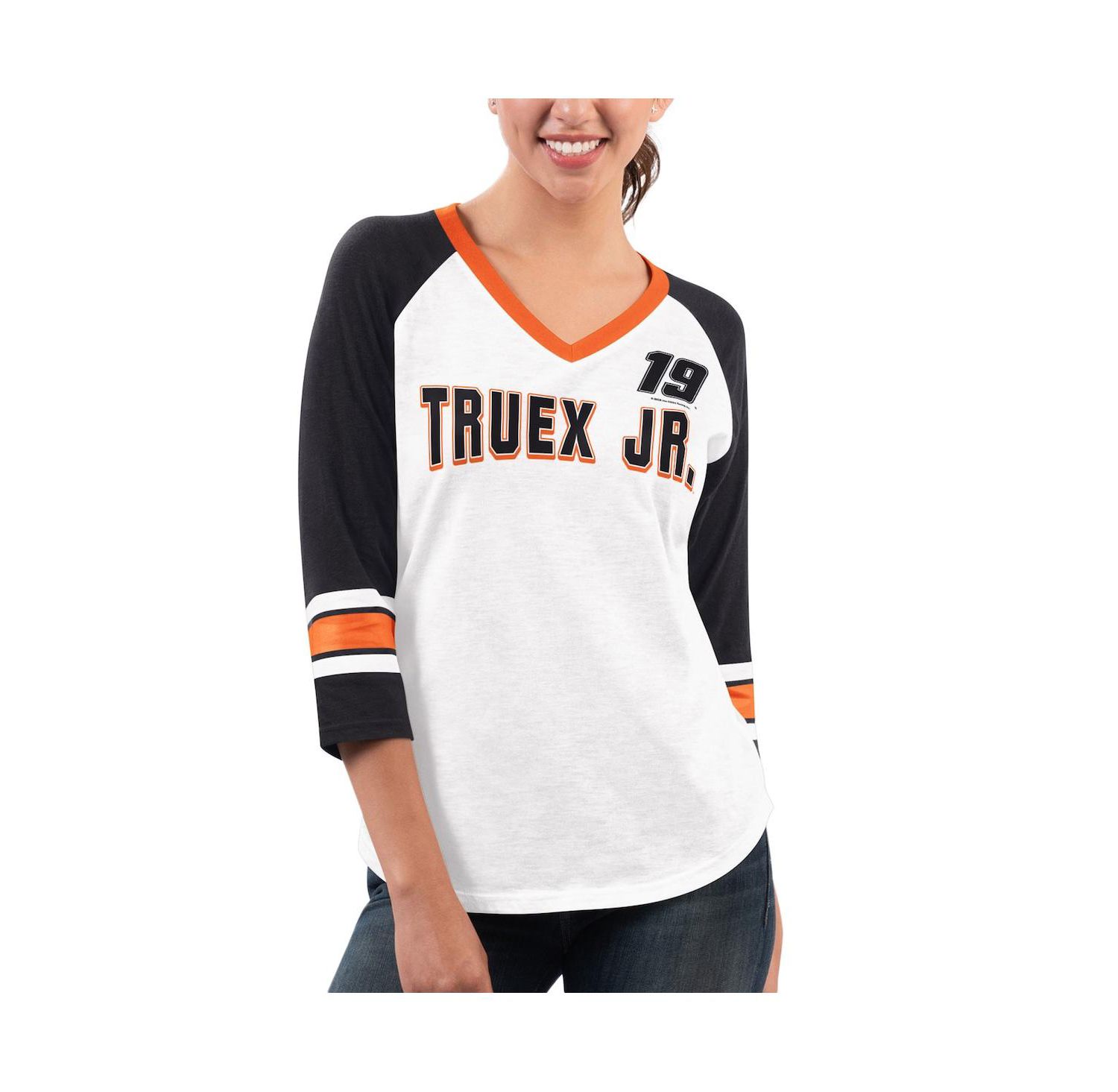 Women's White, Black Martin Truex Jr Top Team V-Neck 3/4 Sleeve T-shirt