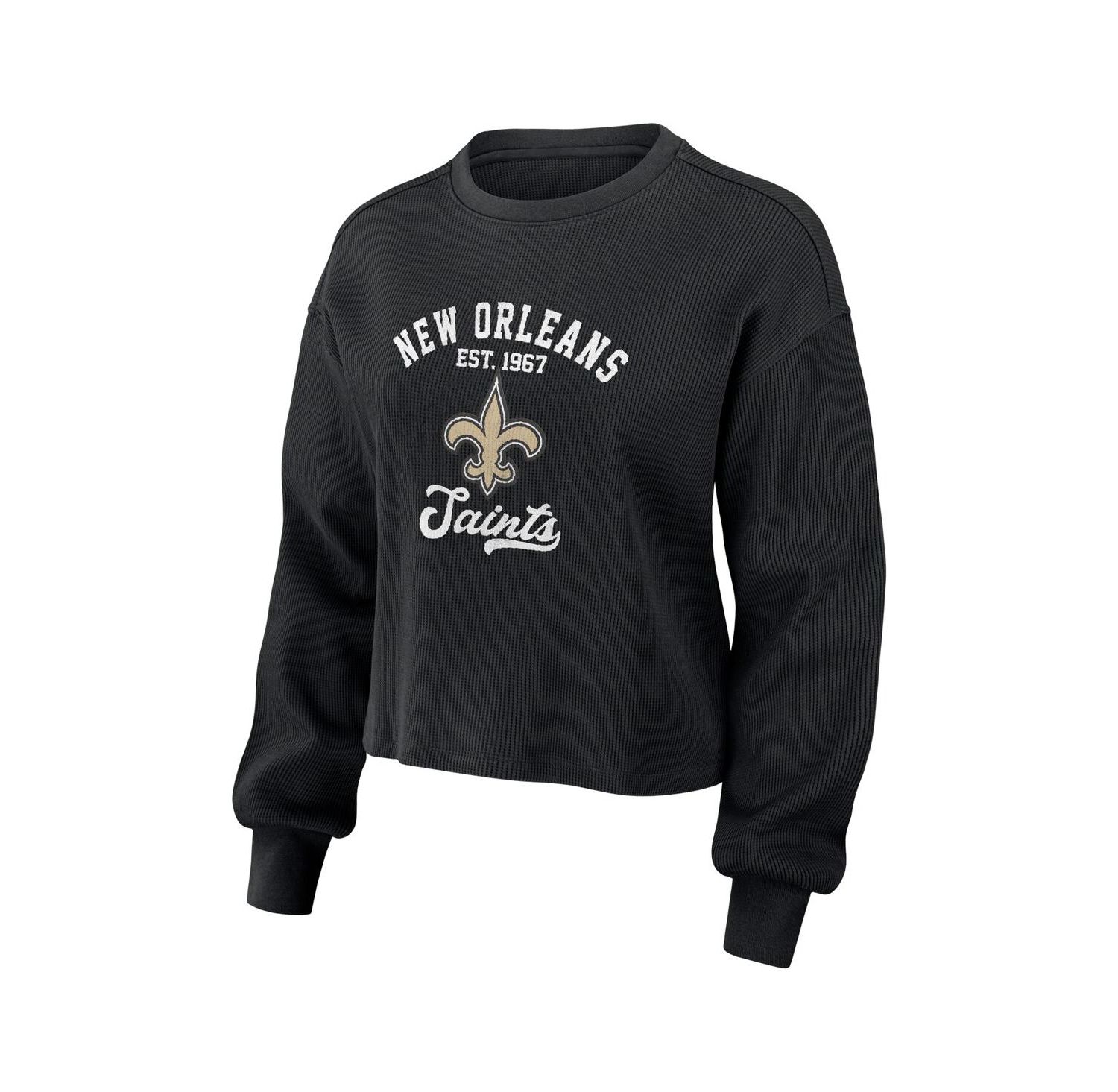 Women's Black Distressed New Orleans Saints Waffle Knit Long Sleeve T-shirt and Shorts Lounge Set