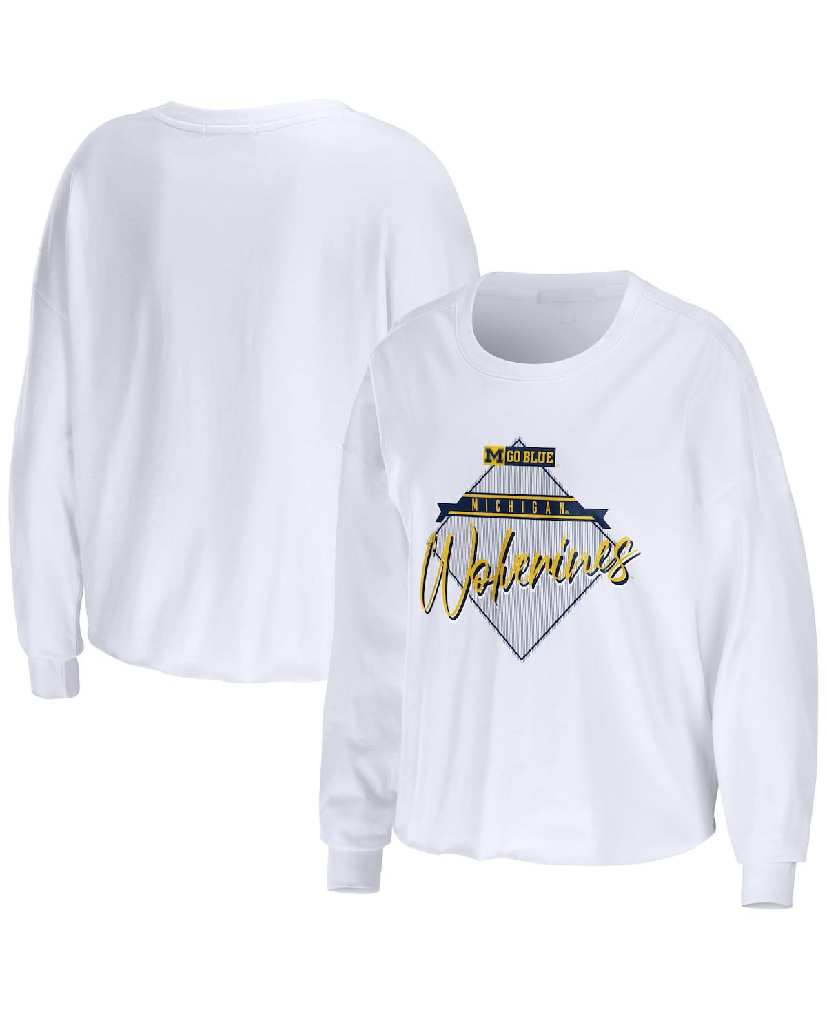 Wear By Erin Andrews Women's  White Michigan Wolverines Diamond Long Sleeve Cropped T-shirt