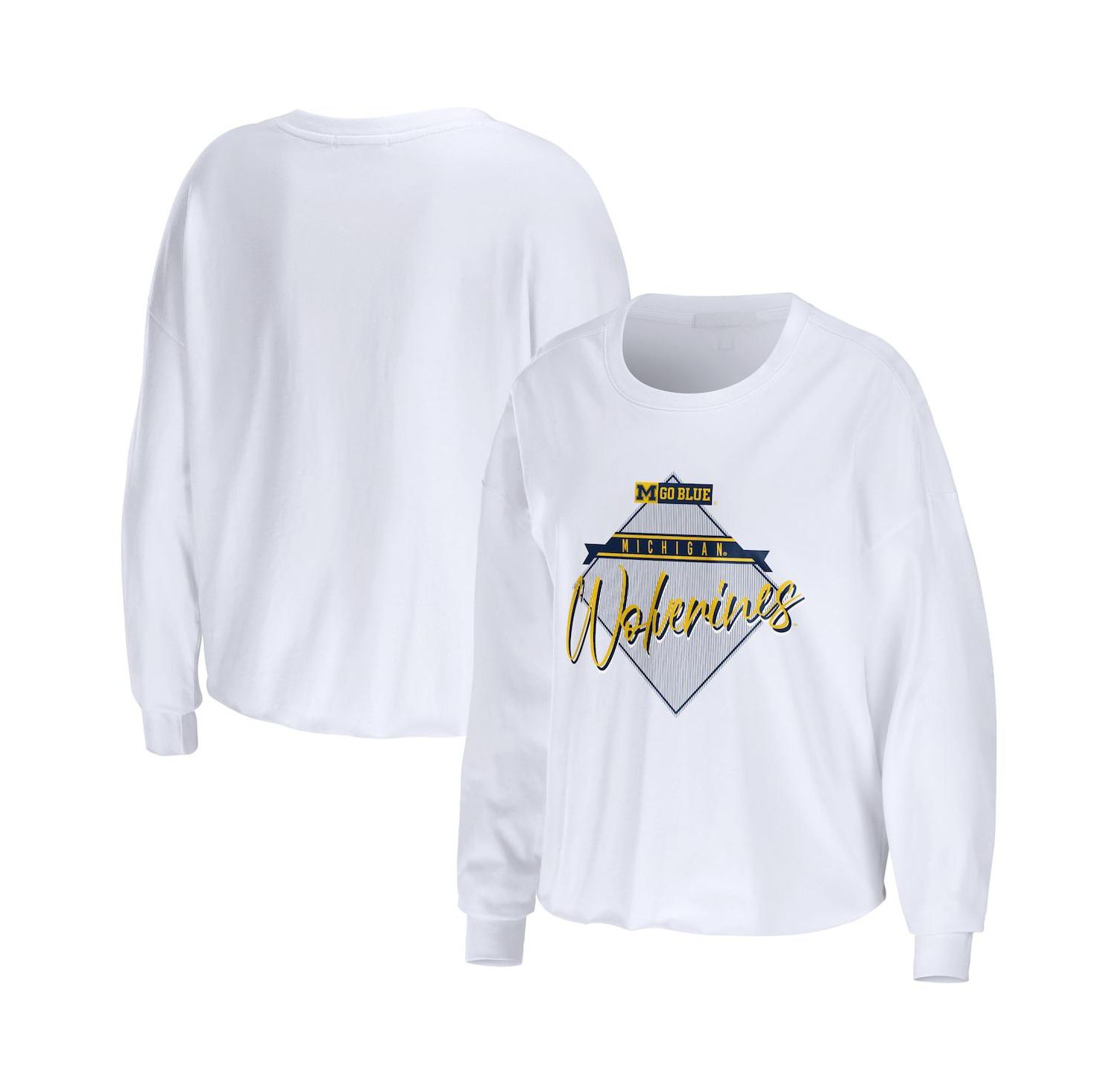 Women's White Michigan Wolverines Diamond Long Sleeve Cropped T-shirt