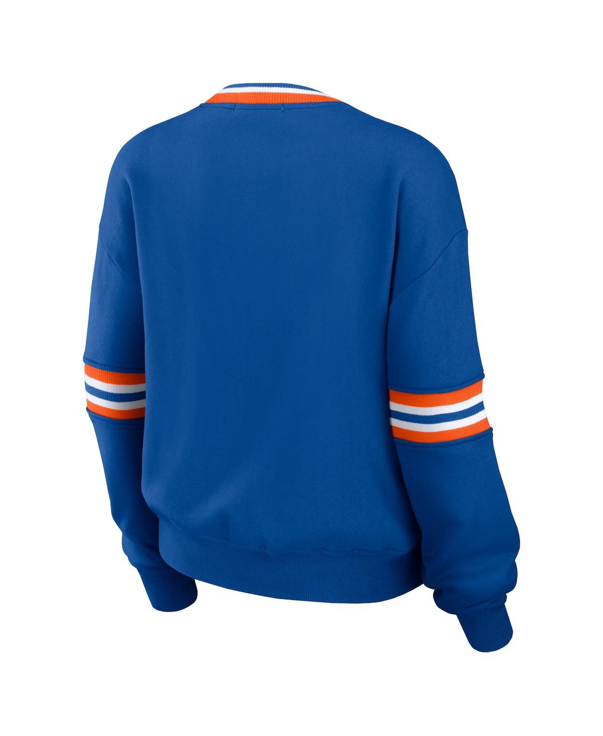 WEAR BY ERIN ANDREWS WOMEN'S WEAR BY ERIN ANDREWS ROYAL DISTRESSED FLORIDA GATORS VINTAGE-LIKE PULLOVER SWEATSHIRT 