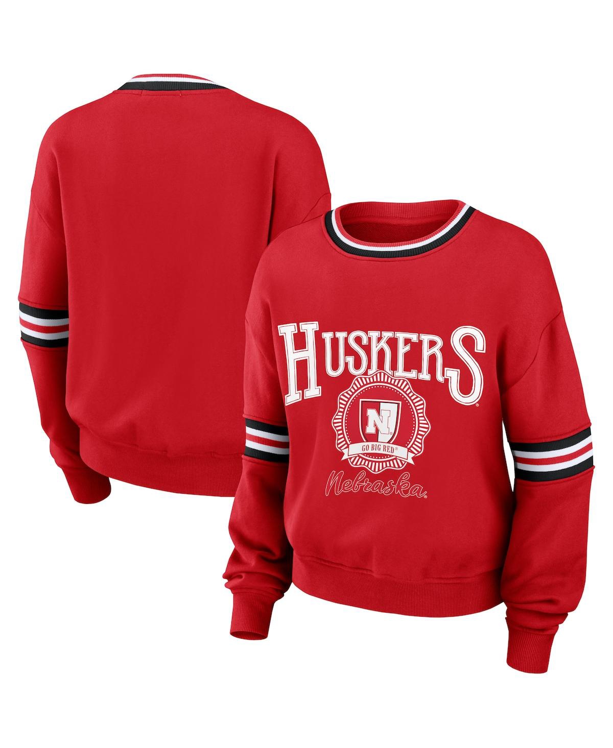 Wear By Erin Andrews Women's  Red Distressed Nebraska Huskers Vintage-like Pullover Sweatshirt