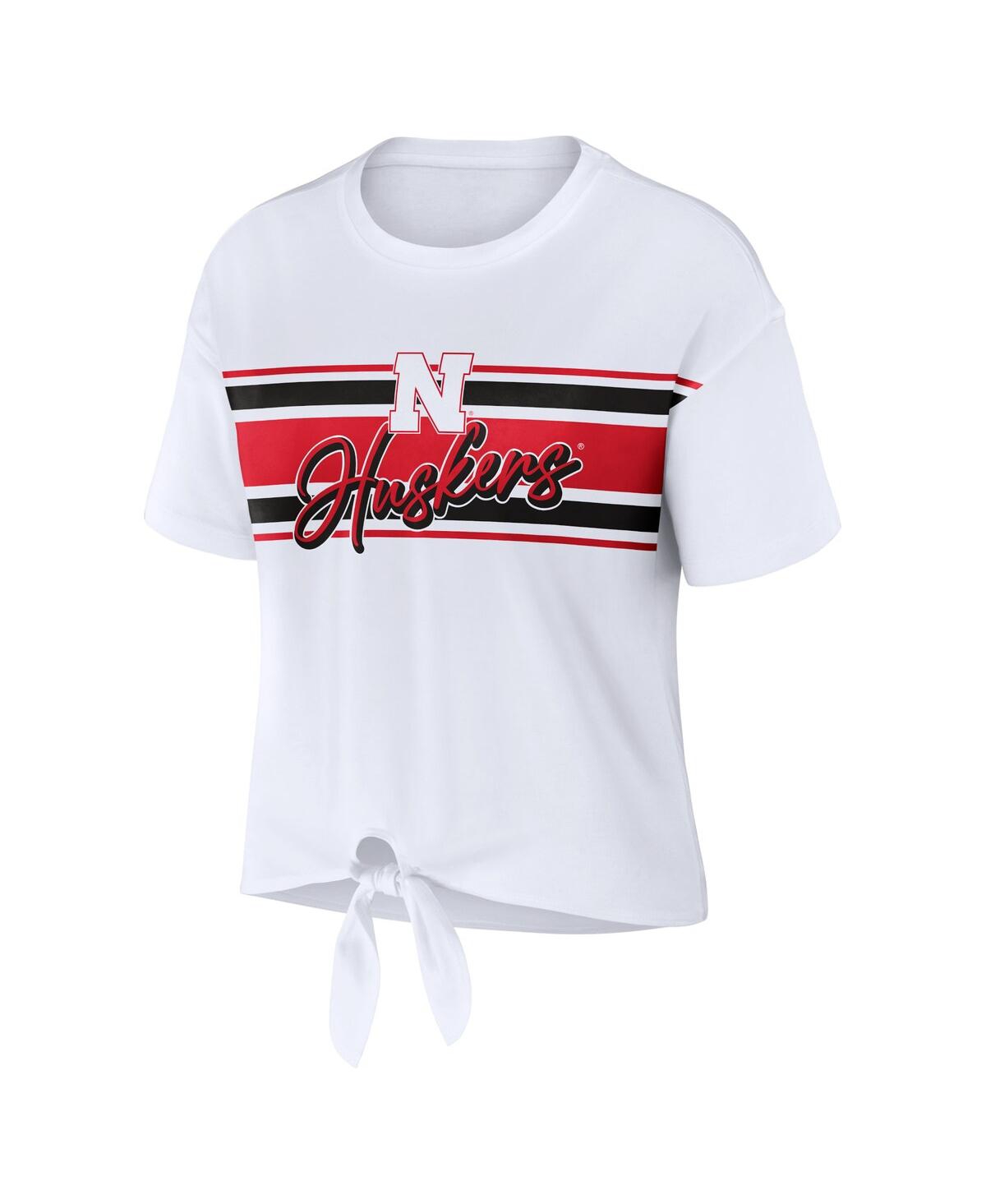 Shop Wear By Erin Andrews Women's  White Nebraska Huskers Striped Front Knot Cropped T-shirt