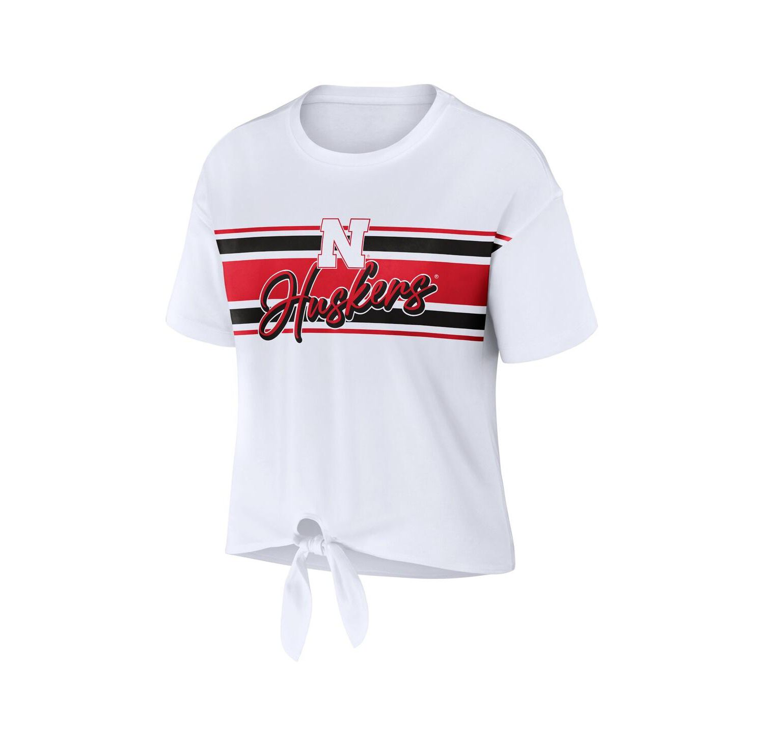 Women's White Nebraska Huskers Striped Front Knot Cropped T-shirt