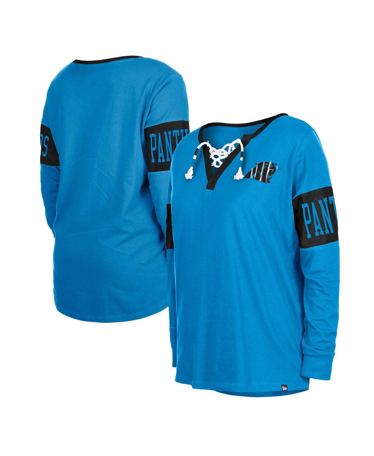 Shop New Era Women's  Blue Carolina Panthers Lace-up Notch Neck Long Sleeve T-shirt
