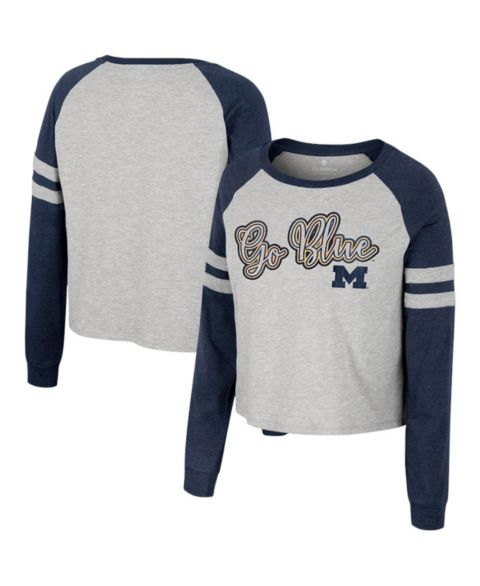 Женская футболка Colosseum Heather Gray Michigan Wolverines I'm Gliding Here Raglan Long Sleeve Cropped
