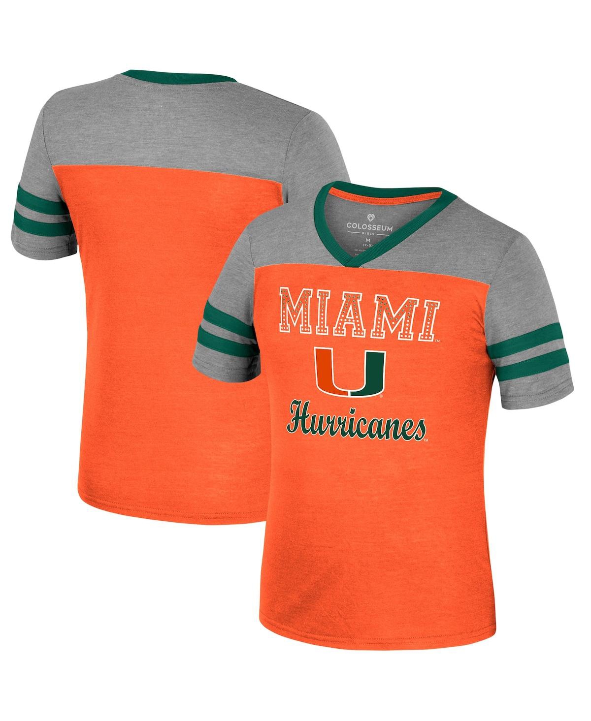 Colosseum Kids' Big Girls  Orange, Heather Gray Miami Hurricanes Summer Striped V-neck T-shirt In Orange,heather Gray