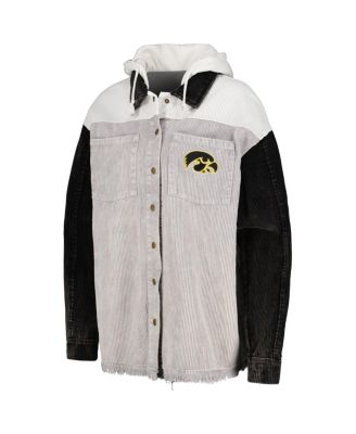 Women's Gray Distressed Iowa Hawkeyes Vintage-Like Wash Corduroy Full-Snap Hooded Shacket