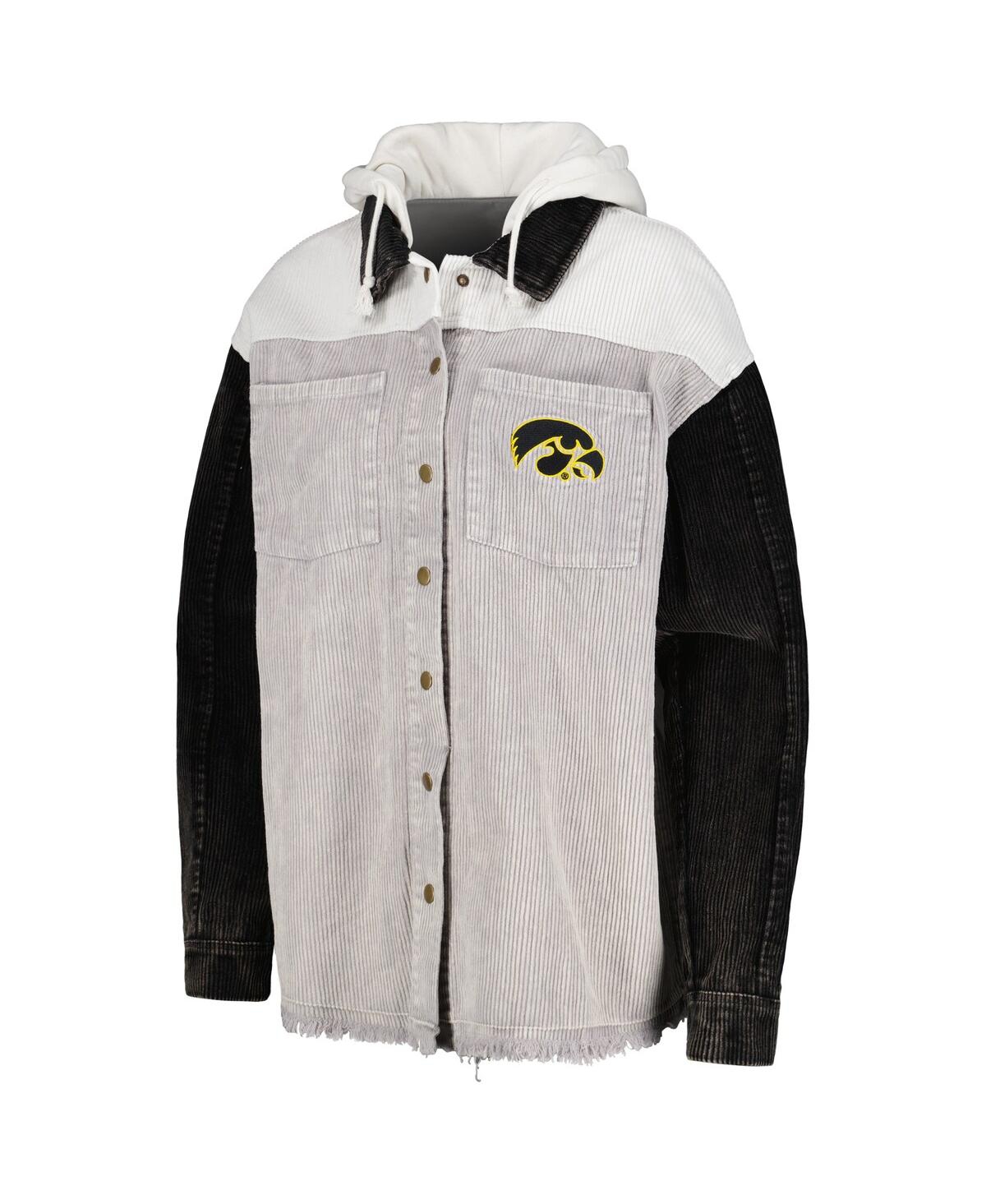 GAMEDAY COUTURE WOMEN'S GAMEDAY COUTURE GRAY DISTRESSED IOWA HAWKEYES VINTAGE-LIKE WASH CORDUROY FULL-SNAP HOODED SH 