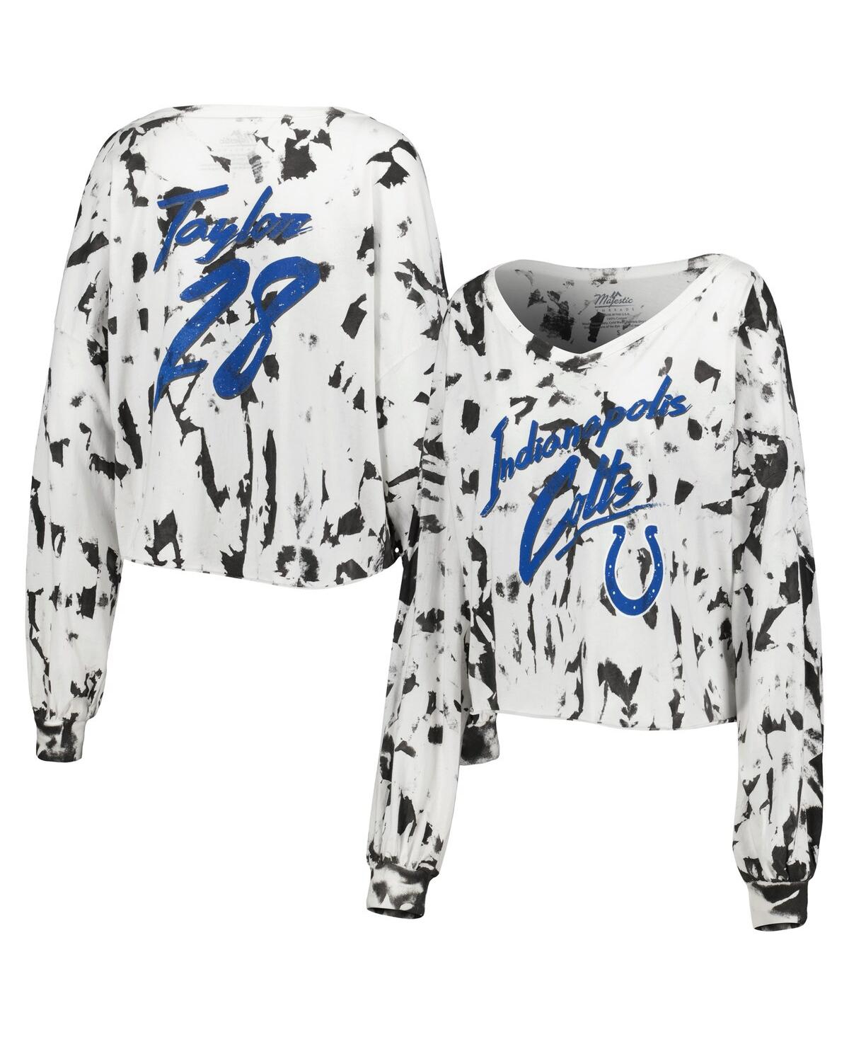 Women's Majestic Threads Jonathan Taylor White Distressed Indianapolis Colts Off-Shoulder Tie-Dye Name and Number Cropped Long Sleeve V-Neck T-shirt -