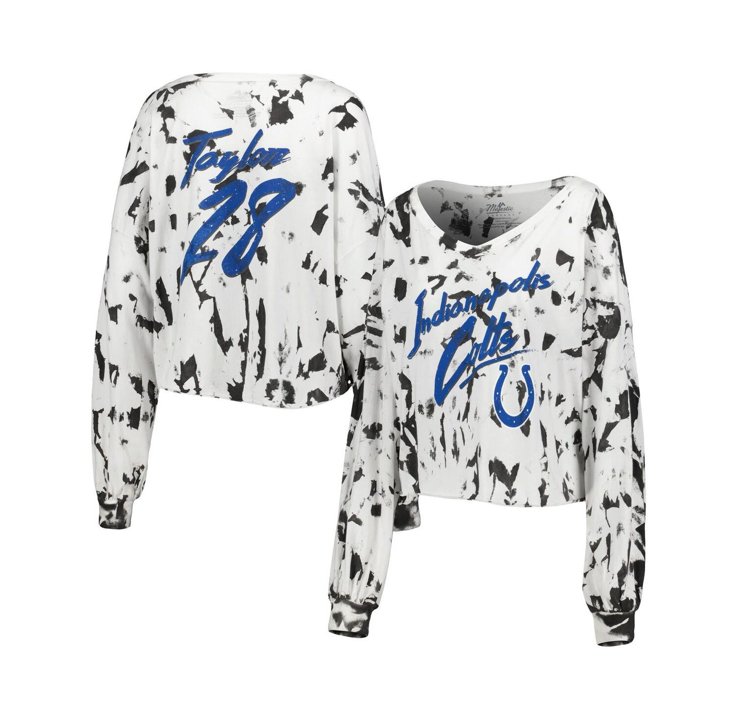Women's Threads Jonathan Taylor White Distressed Indianapolis Colts Off-Shoulder Tie-Dye Name and Number Cropped Long Sleeve V-Neck T-shirt