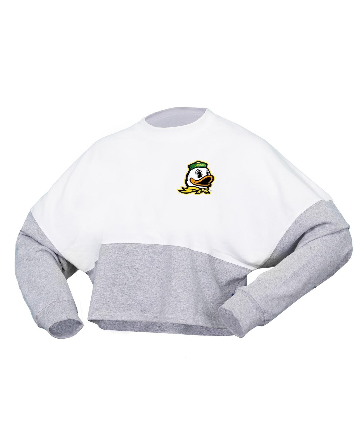 Shop Spirit Jersey Women's  White Oregon Ducks Heather Block Cropped Long Sleeve Jersey T-shirt