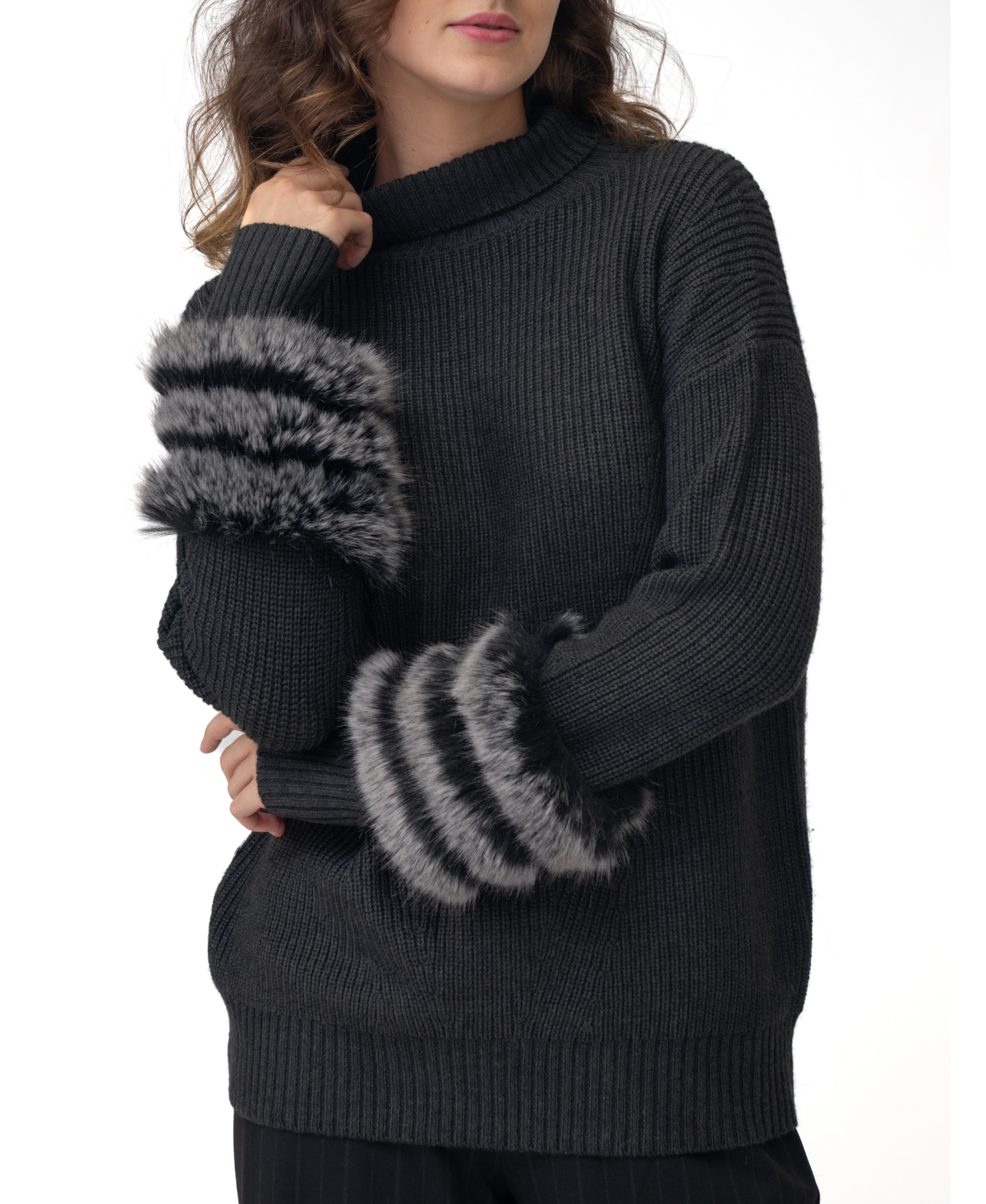 Adrienne Landau Women's Wool-cuff Turtleneck Sweater In Grey