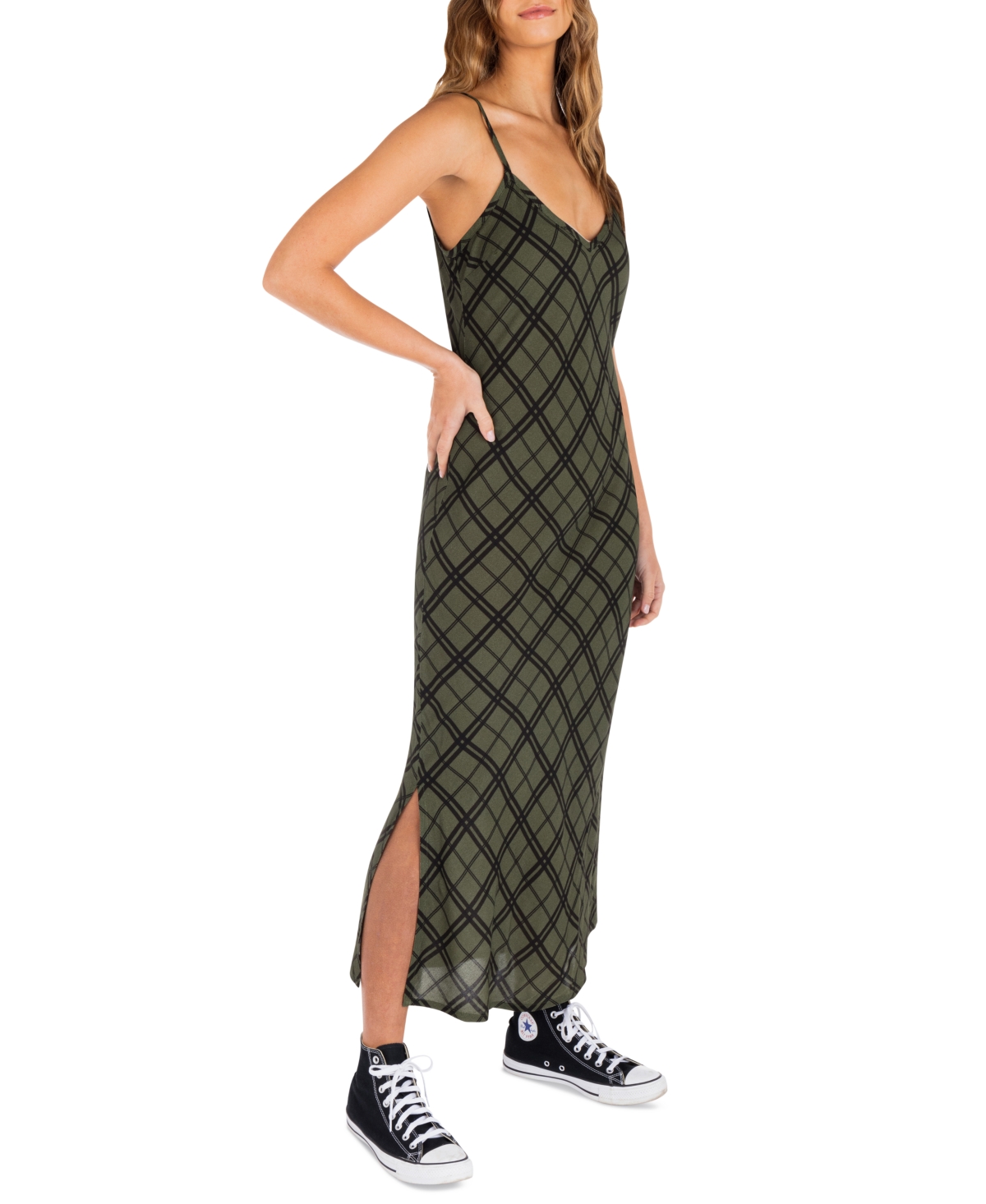 Shop Hurley Juniors' Plaid Slip Maxi Dress In Olive