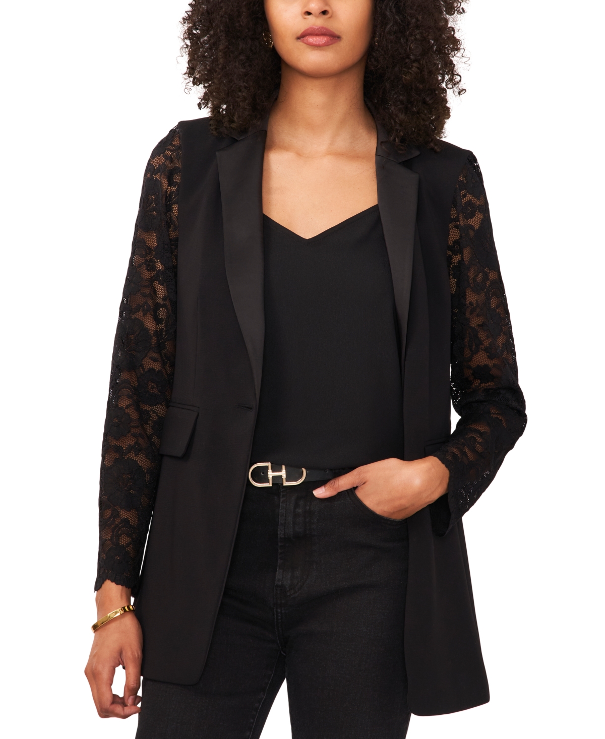 Vince Camuto Lace Sleeve Blazer In Rich Black
