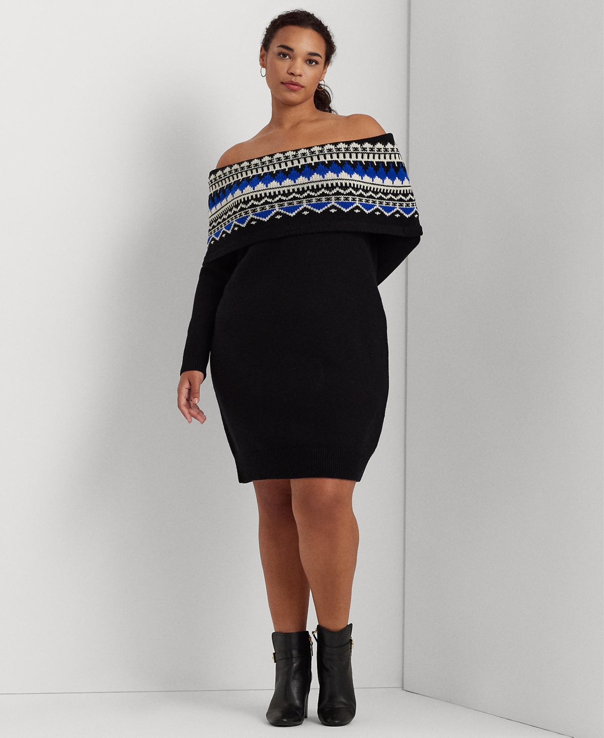 Lauren Ralph Lauren Plus Size Off-the-shoulder Fair Isle Sweater Dress In Black,cream,sapphire