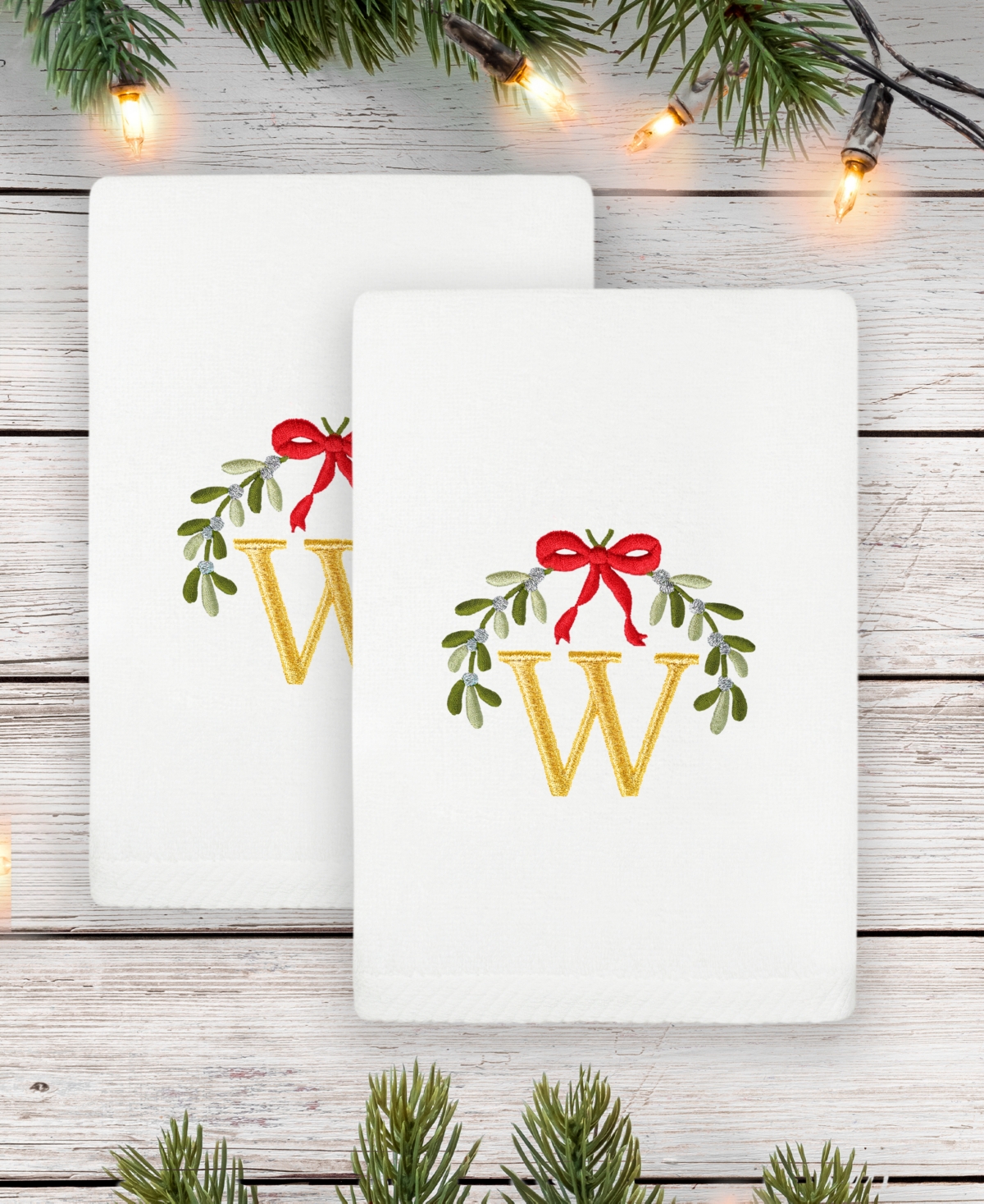 Linum Home Christmas Mistletoe Monogram White Embroidered Luxury Turkish Cotton Hand Towels, 2 Piece Set