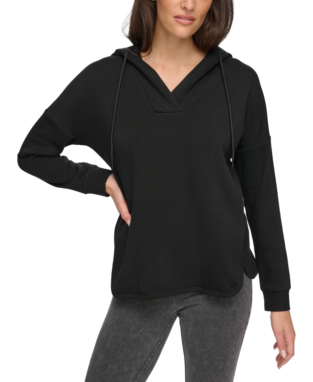 Andrew Marc Sport Women's Long Sleeve Fleece Split Neck Tunic Hoodie Sweatshirt - Black