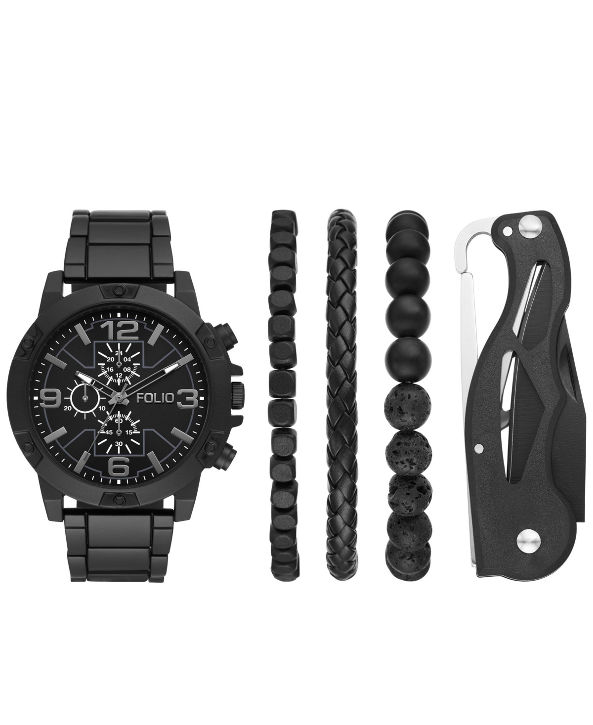 Men's Quartz Three Hand Black Alloy Watch 50mm, Gift Set - Black