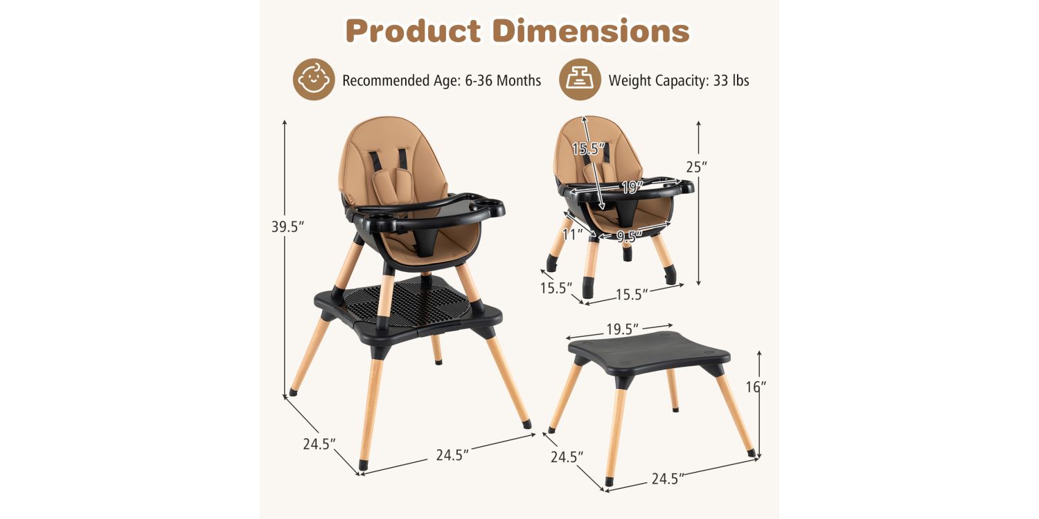 Convertible 6-in-1 High Chair for Babies and Toddlers with Adjustable Seat