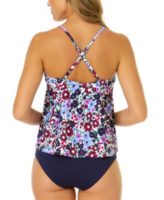 Shop Anne Cole Womans Easy Floral Print Cross Back Tankini High Waist Bikini Bottoms In Navy Disty Floral