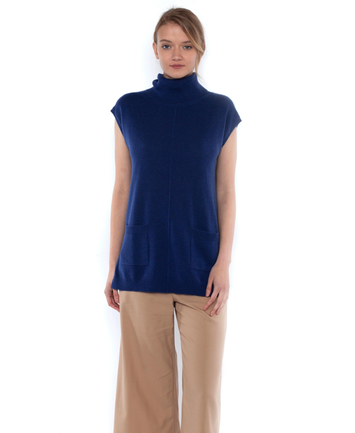 Women's 100% Pure Cashmere Sleeveless Turtleneck Hi-Lo Tunic Sweater - Marled blue
