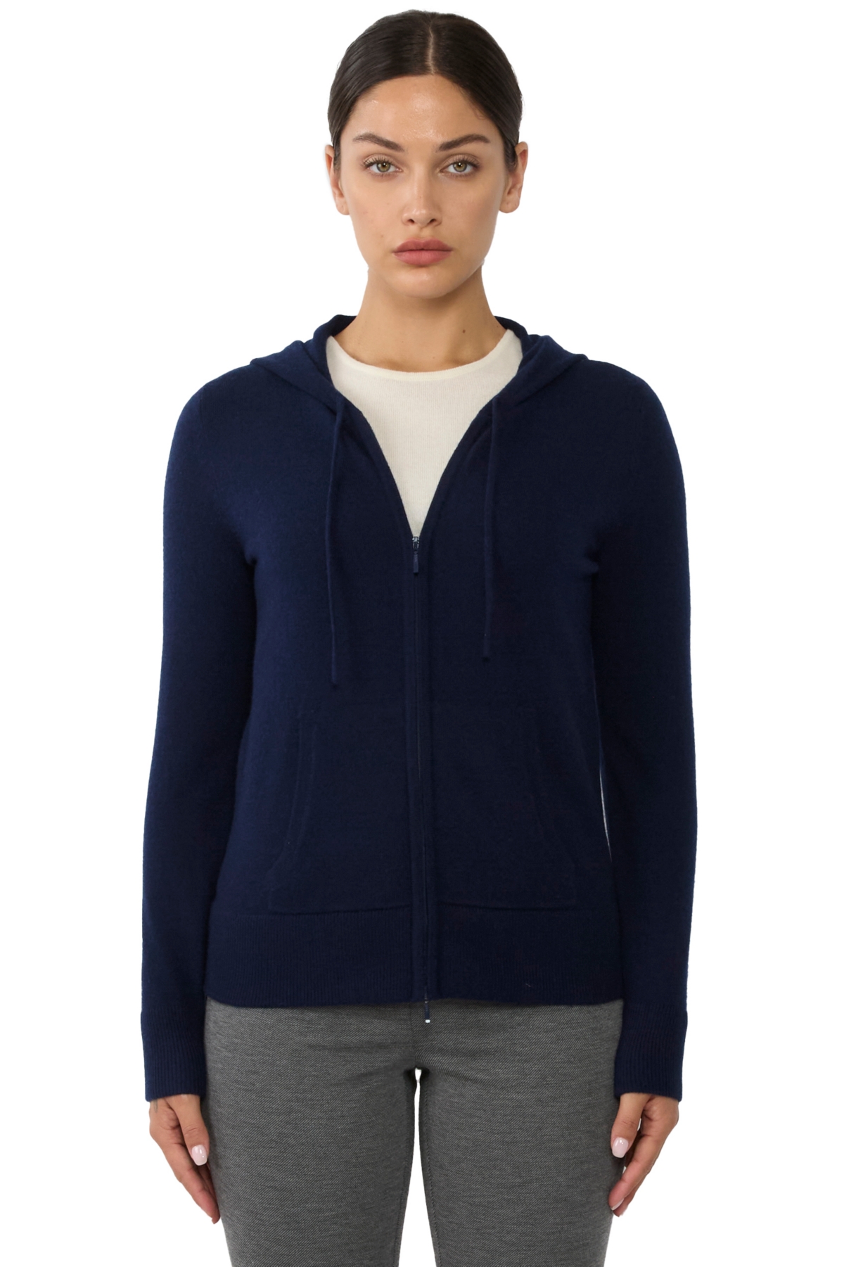 Jennie Liu Women's 100% Pure Cashmere Long Sleeve Zip Hoodie Cardigan Sweater