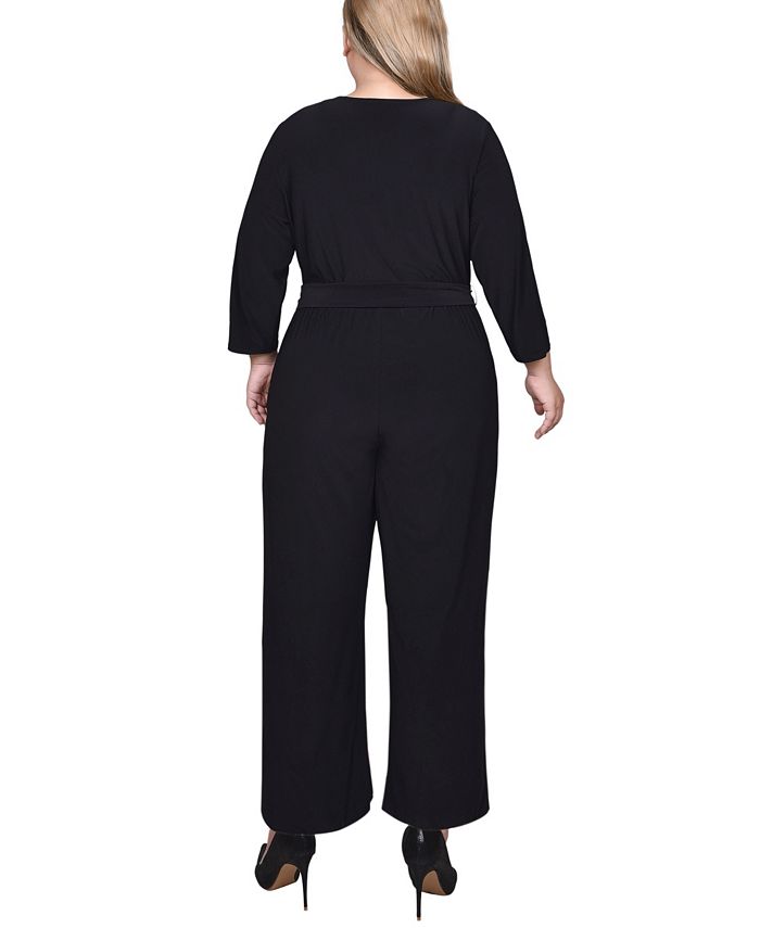 NY Collection Plus Size 3/4 Sleeve Belted Jumpsuit Macy's