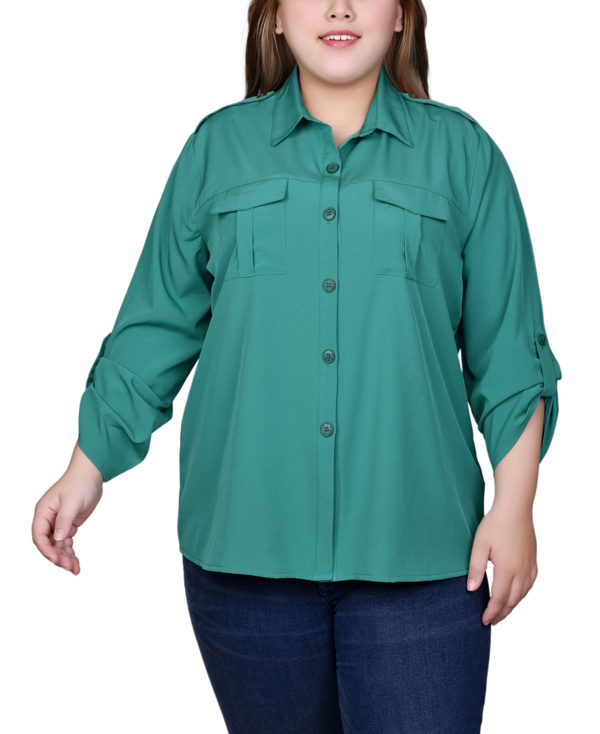Ny Collection Plus Size 3/4 Sleeve Roll Tab Blouse In Jelly Bean