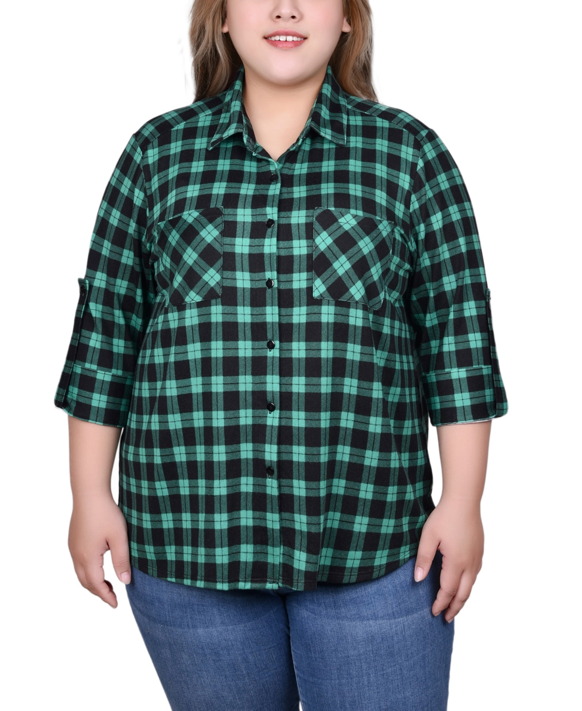Plus Size Long Sleeve Button Front Tunic Top - Tan Plaid